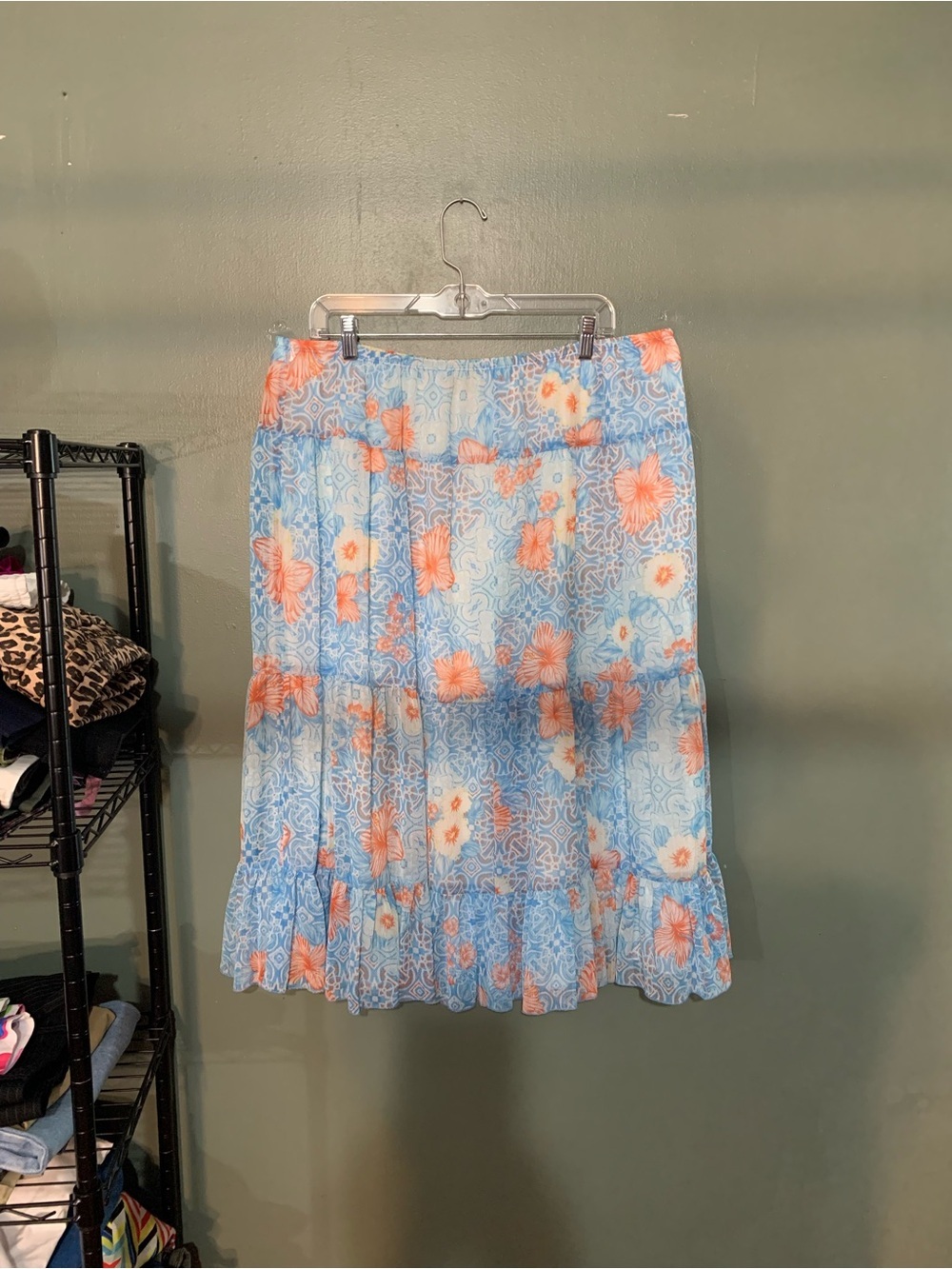 Ruby Rd. Light Blue Midi Skirt with Coral Floral Print WAIST 20, WITH STRETCH 28
